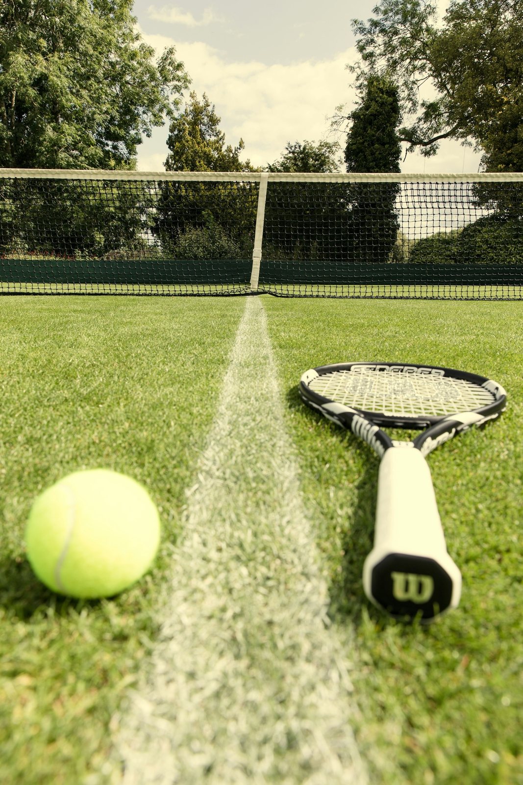 A racket and ball on a grass court